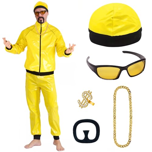 BITOYO 90er Jahre Rapper Celebrity Ali g Kostüm Erwachsene Set Gelb Muschel Anzug Hut Schwarz Ziegenbart Dollar Ring Sonnenbrille Gold Halskette für Fasching Lustig Halloween Weihnachten Karneval von BITOYO