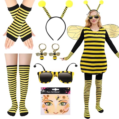 Bienenkostüm Erwachsene, Hummel Kostüm Damen mit Bienen Kostüm Kleid Flügel, Biene Haarreif, Handschuhe, Socken, Ohrringe, Brille, Bienenaufklebern für Damen Herren Karneval von BITOYO