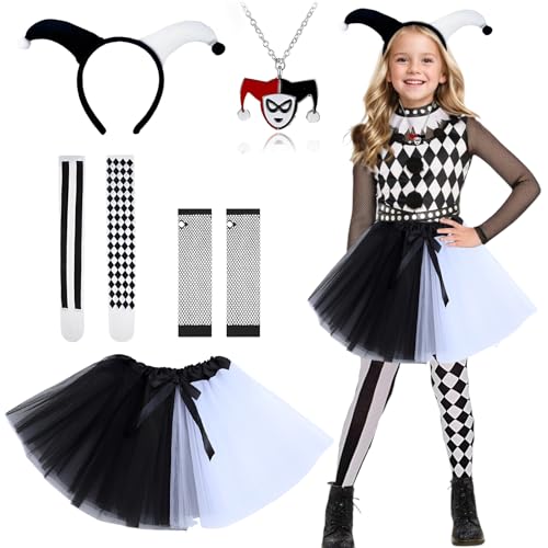 Clown Kostüm Cosplay Kinder, 5-teiliges Quinn Cosplay Kostüm mit Schwarz-Weißem Tutu Rock Stirnband Handschuhe Socken Halskette Quinn-Clown Kostüm Verkleidung für Halloween Karneval Joker Party von BITOYO