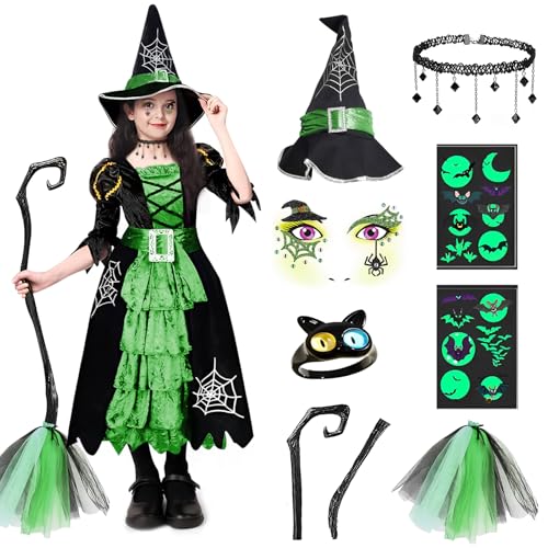 BITOYO Hexenkostüm kinder, 7 Stück Hexen Kostüm Halloween Hexenkleid mit Hexenhut Halskette Aufkleber und Zauberstab Hexe Accessoires für Kinder Mädchen Karneval Fasching Cosplay Party (Grün, XL) BITOYO Hexenkostüm kinder, 7 Stück Hexen Kostüm Halloween Hexenkleid mit Hexenhut Halskette Aufkleber und Zauberstab Hexe Accessoires für Kinder Mädchen Karneval Fasching Cosplay Party (Grün, XL) von BITOYO
