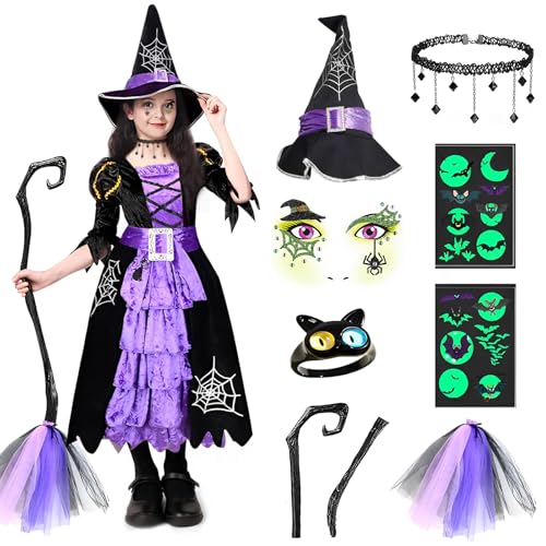 BITOYO Hexenkostüm kinder, 7 Stück Hexen Kostüm Halloween Hexenkleid mit Hexenhut Halskette Aufkleber und Zauberstab Hexe Accessoires für Kinder Mädchen Karneval Fasching Cosplay Party (Violett, L) BITOYO Hexenkostüm kinder, 7 Stück Hexen Kostüm Halloween Hexenkleid mit Hexenhut Halskette Aufkleber und Zauberstab Hexe Accessoires für Kinder Mädchen Karneval Fasching Cosplay Party (Violett, L) von BITOYO
