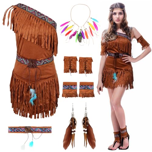 BITOYO Indianer Kostüm Damen, Indianerkostüm für Karneval Fasching, Schönes Kleid mit Feder Stirnband, Ohrringe, Gürtel und Stiefelüberzüge, Handgelenkband, Karneval Kostüm Damen Indianerin von BITOYO