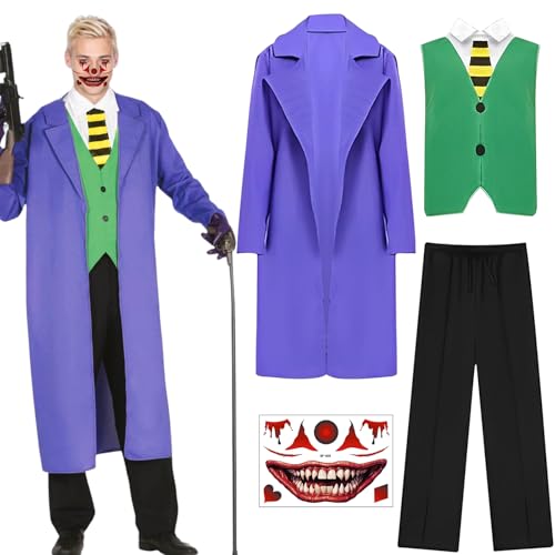 BITOYO Joker Kostüm Herren, Clown Kostüm Herren, Clown Cosplay Outfit mit Lila Mantel, Weste, Hose, Krawatte, Clown Temporäre Tattoo, Karneval Männer Bösewicht Kostüme für Erwachsene Halloween Anzug von BITOYO