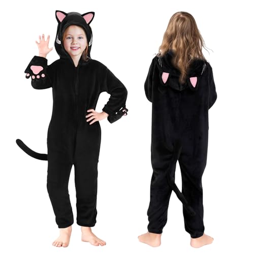 BITOYO Katzen Kostüm Kinder, Unisex Onesie Pyjama Tier Cosplay Pyjama Mädchen Schlafanzug mit Kapuze Pyjama Katzenkostüm Onesie Pyjama Cosplay Kostüm für Halloween Karneval Weihnachtsfeier 110cm von BITOYO