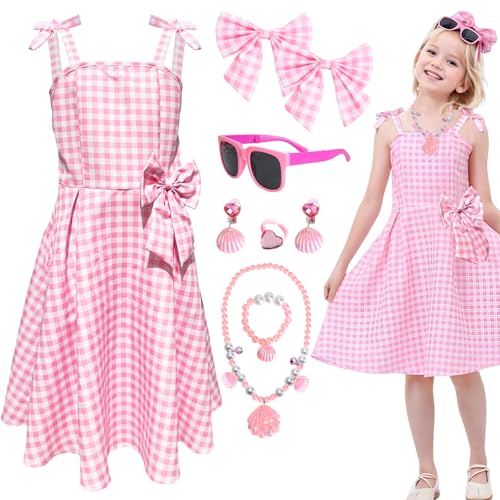 BITOYO Prinzessin Rosa Plaid Kostüm für Kinder, Mädchen Kleider Retro Outfits, Karneval Kostüm Kinder, Plaid Fancy Dress Up mit Zubehör, 90er Jahre Rosa Kleid für KinderKleidung Party von BITOYO