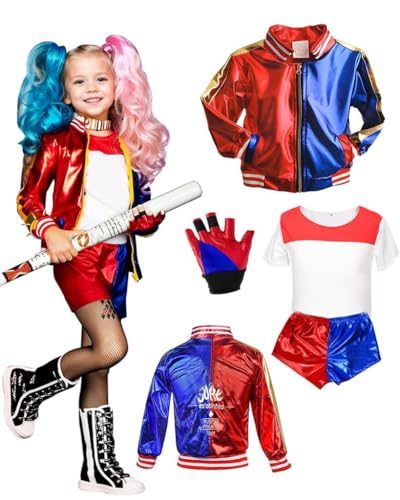 BITOYO Quinn Kostüm Kinder, Quinn Cosplay Joker Kostüme mit T-Shirt Jacke Shorts und Handschuhen Kostüme für Mädchen Halloween Weihnachten Karneval Clown Kostüme Cosplay 130cm von BITOYO