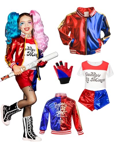 BITOYO Quinn Kostüm Kinder, Quinn Cosplay Joker Kostüme mit T-Shirt Jacke Shorts und Handschuhen Kostüme für Mädchen Halloween Weihnachten Karneval Clown Kostüme Cosplay 130cm von BITOYO