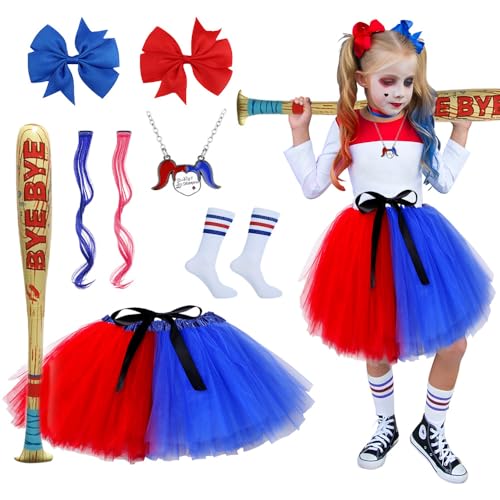 BITOYO Quinn Kostüm Kinder, Quinn Cosplay Kostüm Mädchen Halloween Kostüme Tüllrock Tutu mit Haarschleife Aufblasbarer Baseballschläger Cosplay Joker für Halloween Karneval Cosplay Kostüme von BITOYO