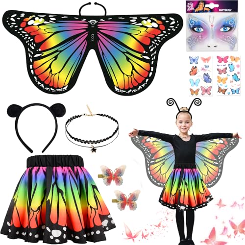 BITOYO 7pcs Schmetterling Kostüm Kinder, Schmetterlingsflügel mit Rock Maske Haarreif Haarschmuck Spitzenhalskette Tattoos, Schmetterling Umhang Flügel, für Cosplay Karneval Fasching Mottoparty von BITOYO