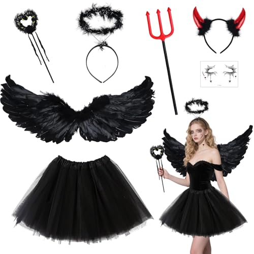 BITOYO Teufel Kostüm Schwarz Engel Kostüm Damen Mädchen, Engelsflügel mit Schwarze Flügel Heiligenschein Zauberstab Teufelshörner Heugabel Tutu Rock für Halloween Karneval BITOYO Teufel Kostüm Schwarz Engel Kostüm Damen Mädchen, Engelsflügel mit Schwarze Flügel Heiligenschein Zauberstab Teufelshörner Heugabel Tutu Rock für Halloween Karneval von BITOYO