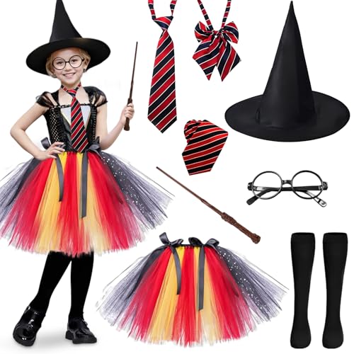 Zauberer Cosplay Kostüm Kinder, Wizard Cosplay Tüllrock für Mädchen, 6Pcs Magier Robe Kostüm für Mädchen mit Tüllrock, Hut, Zauberstab, Krawatte, Socken, Schal und Brille für Karneval, Halloween von BITOYO