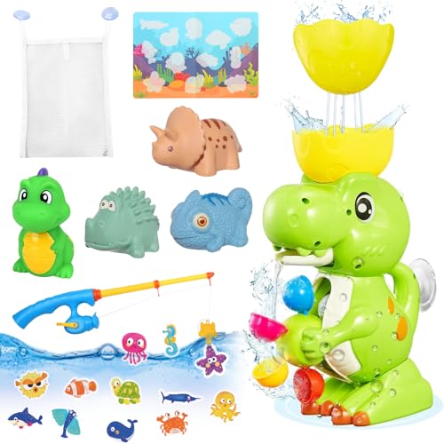 BITOYO Baby Badespielzeug, Dinosaurier Wasserspielzeug Kinder, No-Mold Magnetisch Angelspiel, Spritzen Schwimmendes Spielzeug, Badewannenspielzeug ab 1 2 3 4 Jahr mit Aufbewahrungstasche von BITOYO