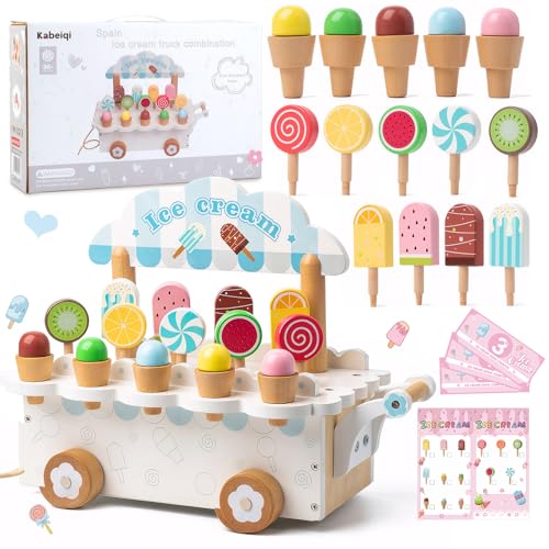 Eisdiele Kinder Holz, Kaufladen Zubehör Eisladen Kinder Eiscreme Einkaufsladen EIS Holzspielzeug Spielküche Zubehör Eisverkauf Kaufmannsladen zum Rollenspiel, Montessori Spielzeug Geschenk ab 3 Jahre von BITOYO