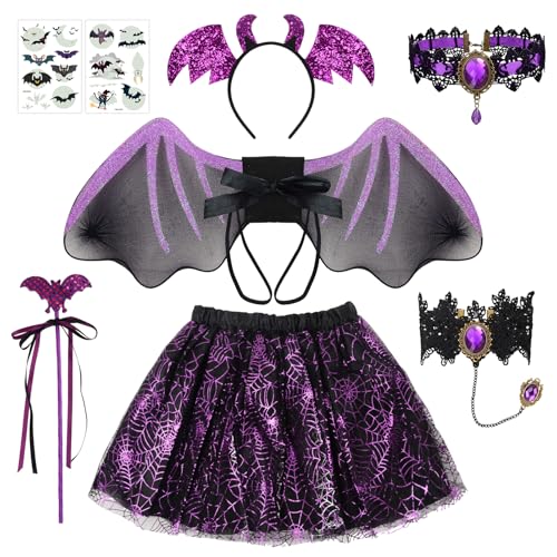 Halloween Fledermaus Kostüm Mädche, 7-Teiliges Set Fledermausflügel-Kostüm für Kinder, Lila Tutu Rock, Flügel, Stab, Kopfbedeckungen, Halsketten, Armbänder, für Karneval Kostümparty Halloween Kostüm Halloween Fledermaus Kostüm Mädche, 7-Teiliges Set Fledermausflügel-Kostüm für Kinder, Lila Tutu Rock, Flügel, Stab, Kopfbedeckungen, Halsketten, Armbänder, für Karneval Kostümparty Halloween Kostüm von BITOYO