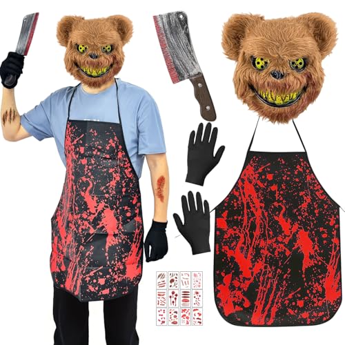 Horror Bär Kostüm, Halloween Kostüm Herren horror kostüm mit Bärenmaske, Gefälschtes Messer, Schürze, Handschuhe und Tattoos, Blutiger Killer Gruselige Maske für Halloween Karneval Fasching Kostüm Horror Bär Kostüm, Halloween Kostüm Herren horror kostüm mit Bärenmaske, Gefälschtes Messer, Schürze, Handschuhe und Tattoos, Blutiger Killer Gruselige Maske für Halloween Karneval Fasching Kostüm von BITOYO
