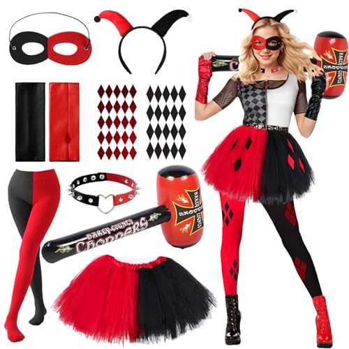 Quinn Kostüme Erwachsene, 9pcs Joker Cosplay-Kostüm mit Tutu-Rock Halskette Handschuh Socken und Aufkleber, Aufblasbarer Hammer Zubehör Quinn Cosplay Kostüm für Damen Mädchen Halloween Karneval Clown von BITOYO