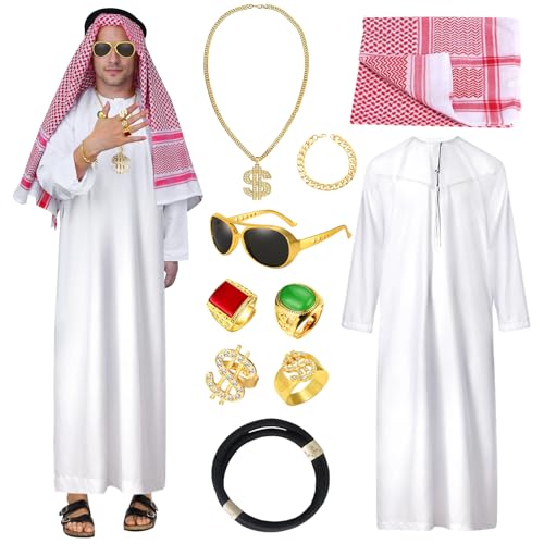 Scheich Kostüm Herren, Araber Kostüm Araber Scheich Kostüm Faschingskostüm mit Kopftuch, Gewand, Finger Ring, Halsketten, Sonnenbrillen, Kostüm Scheich Araber für Karneval Fasching Party Cosplay (L) von BITOYO