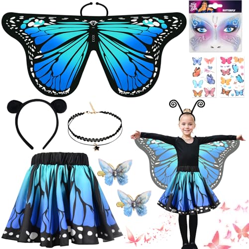 7pcs Schmetterling Kostüm Kinder, Schmetterlingsflügel mit Rock Maske Haarreif Spitzenhalskette Tattoos, Schmetterling Umhang Flügel, Schmetterlingskostüm für Cosplay Karneval Fasching Mottoparty von BITOYO