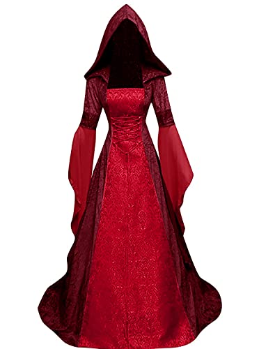 Deluxe Hexenkleid Kostüm für Frauen, Vintage Bestickte Renaissance Viktorianische Gothic Kapuze Vampirkleid Kleid Cosplay (Rot, S) von BITSEACOCO