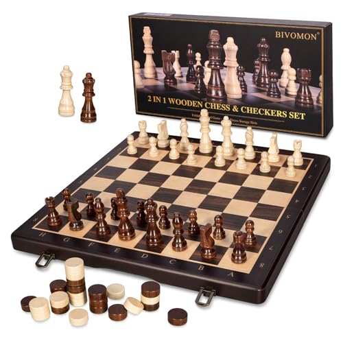 BIVOMON 2-in-1-Schach-Set aus Holz – 38,1 cm faltbares magnetisches Schach-Set – Reise-Checkers Brettspiel für Erwachsene und Kinder – Schachbrettspiele – 2 zusätzliche Königinnen – 24 verdickte von BIVOMON