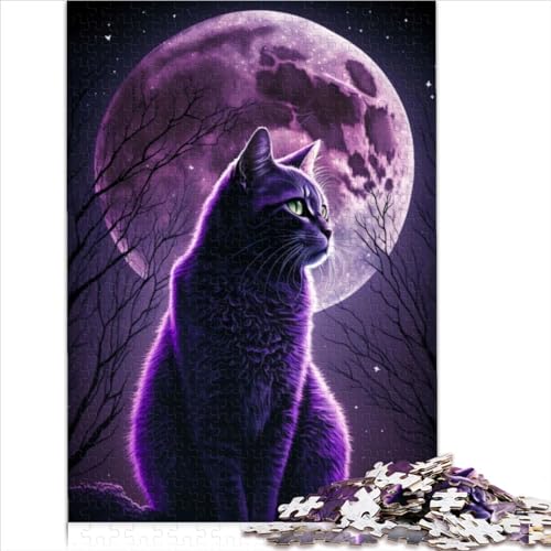 1000 Teile Puzzle Lila Katze und der Mond Puzzle für Erwachsene für Erwachsene und Jugendliche Holzbrettpuzzles300 Stück (40x28cm) von BIZOCA