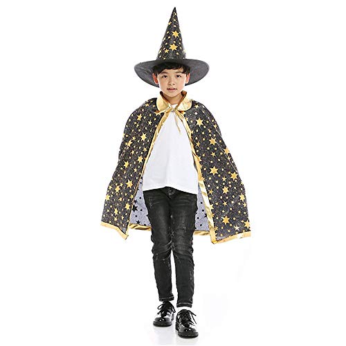 BJ-SHOP Kinder Halloween Umhang, Zaubererumhang, Halloween-Kostüm mit Hut für Kinder, Halloween-Zubehör (schwarz) von BJ-SHOP