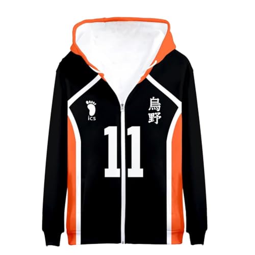 BJMAND Anime Haikyuu Hoodie Reißverschluss Sweatjacke Karasuno Uniform Hinata Shoyo Cosplay Sweatshirt Langarm Kapuzenoberteile XXS-4XL (Nr.11 Tsukishima Kei, 3XL) von BJMAND