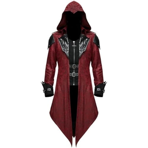 BJMAND Herren-Trenchcoat, Gothic-Kostüm, Kapuzenjacke, mittelalterlicher Umhang, viktorianischer Schwanz, Steampunk, Mittelalter, Halloween, Maskerade, Retro, Spleiß-Kostüm, Mantel, S-5XL, Rot, 4XL von BJMAND