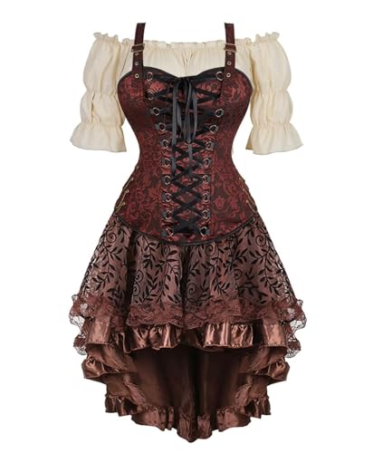 BJMAND Korsettkleid, Piratenrock-Set, Damen, Steampunk-Kleidung, Halloween-Kostüm (Braunbraun, 3 Set, Khaki, Größe 3XL) von BJMAND