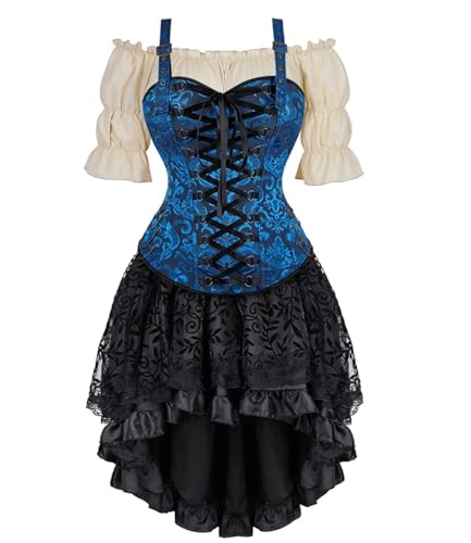 BJMAND Korsettkleid, Piratenrock-Set, Damen, Steampunk-Kleidung, Halloween-Kostüm (Dunkelblau, 3 Set, Khaki, L) von BJMAND