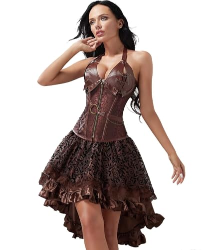 BJMAND Korsettkleid Piratenrock Set Damen Steampunk Gothic Übergröße Braun (Brown8105, 3XL) von BJMAND