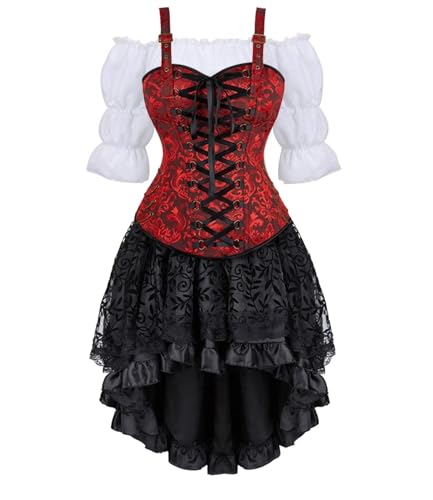 BJMAND Korsettkleid Piratenrock Set Damen Steampunk Kleidung Halloween Kostüm (Weinrot 3set, 3XL) von BJMAND