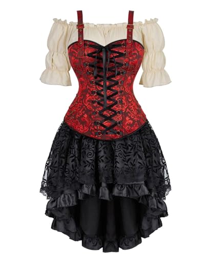 BJMAND Korsettkleid Piratenrock Set Damen Steampunk Kleidung Halloween Kostüm (Weinrot 3set Khaki, 3XL) von BJMAND