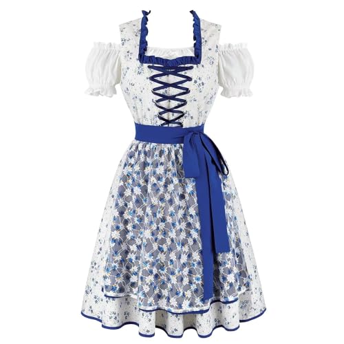 BJMAND Oktoberfest Outfit Damen Dirndl Kleid Fasching Kostüm Bayerisch Traditionell Halloween 3 Stück Set Karneval (J32018blue, 3XL) von BJMAND