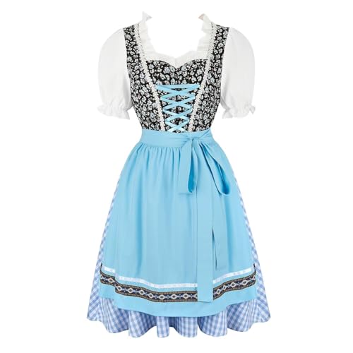 BJMAND Oktoberfest Outfit Damen Dirndl Kleid Fasching Kostüm Bayerisch Traditionell Halloween 3 teilig Set Karneval (J32016blue, M) von BJMAND