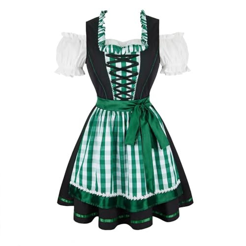 BJMAND Oktoberfest Outfit Damen Dirndl Kleid Fasching Kostüm Bayerisch Traditionell Halloween 3-teiliges Set Karneval Grün (Grün, XXL) von BJMAND