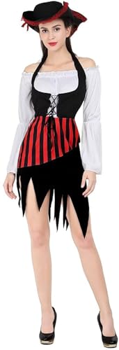 BJMAND Piratenkostüm für Damen, Halloween, Erwachsene, Piratenkleid, Rock, Freibeuter, lustig, Cosplay, Rollenspiel, Party (Schwarzrot, M) von BJMAND