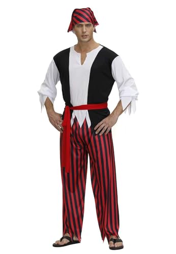 BJMAND Piratenkostüm für Herren, Halloween, Erwachsene, gestreiftes Hemd, Hose, Stirnband und Gürtel, Set, Outfits, Fasching, Wikinger, Cosplay (Rot, Größe 3XL) von BJMAND