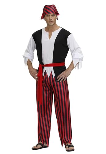 BJMAND Piratenkostüm für Herren, Halloween, Erwachsene, gestreiftes Hemd, Hose, Stirnband und Gürtel, Set, Outfits, Fasching, Wikinger, Cosplay (Rot, L) von BJMAND