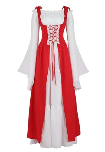 BJMAND Renaissance-Kostüm für Damen, mittelalterliches Kleid, irisch, viktorianisch, Vintage, Halloween, Übergröße, Übergröße, Rot, XS von BJMAND