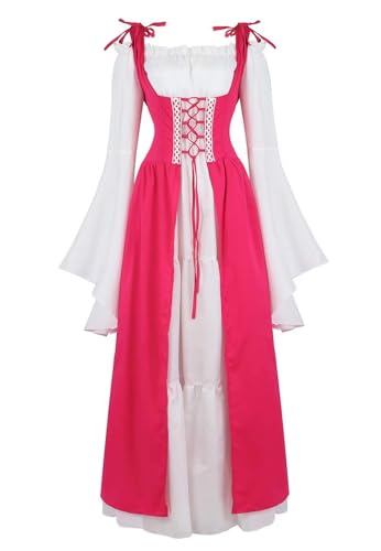 BJMAND Renaissance-Kostüm für Damen, mittelalterliches Kleid, irisch, viktorianisch, Vintage, Halloween, Übergröße, Übergröße (Rosarot, XS) von BJMAND