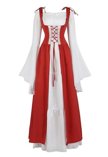 BJMAND Renaissance-Kostüm für Damen, mittelalterliches Kleid, irisch, viktorianisch, Vintage, Halloween, Übergröße (Cranberry-Rot, L) von BJMAND