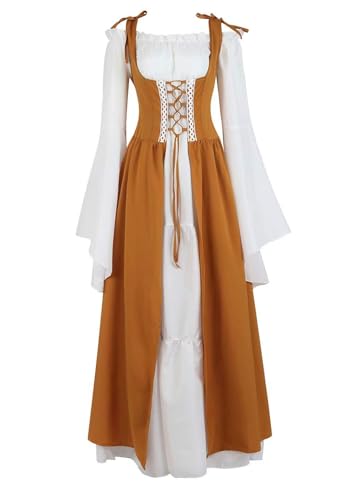 BJMAND Renaissance-Kostüm für Damen, mittelalterliches Kleid, irisch, viktorianisch, Vintage, Halloween, Übergröße (Gelb, 3XL) von BJMAND