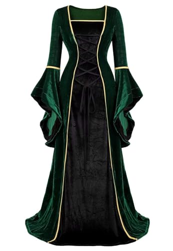 BJMAND Renaissance-Kostüm für Damen, mittelalterliches Samtkleid, irisches Vintage-Stil, viktorianische Fee, Hexenkostüme, Party, Halloween, Grünschwarz, Größe L von BJMAND