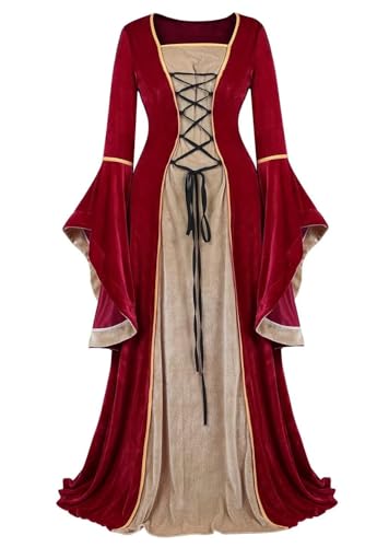 BJMAND Renaissance-Kostüm für Damen, mittelalterliches Samtkleid, irisches Vintage-Stil, viktorianische Fee, Hexenkostüme, Party, Halloween, Weinrot, Größe L von BJMAND