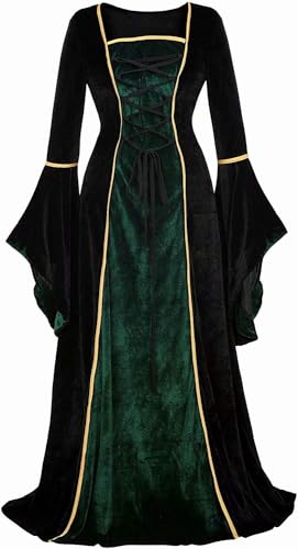 BJMAND Renaissancekostüm für Damen, mittelalterliches Samtkleid, irisches Vintage-Stil, viktorianische Fee, Hexenkostüme, Party, Halloween, Schwarzgrün, Größe 3XL von BJMAND