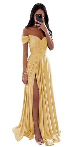 BJMAND Schulterfreie Ballkleider für Damen, Abendkleider Lang Rüschen Satin Abschlussballkleider A-Linie Abendkleider (Gold, 30) von BJMAND