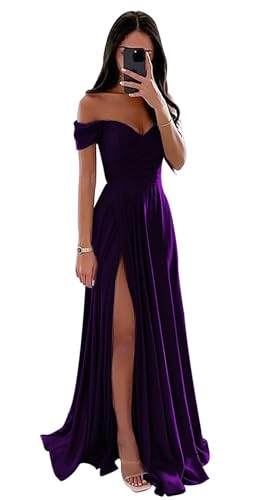 BJMAND Schulterfreies Ballkleid für Damen, Satin, gerüscht, lang, formelle Abendkleider, A-Linie, Schlitz, Ballkleid (Grape, 10) von BJMAND