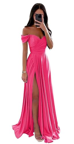 BJMAND Schulterfreies Ballkleid für Damen, Satin, gerüscht, lang, formelle Abendkleider, A-Linie, Schlitz, Ballkleid (Hot Pink, 12) von BJMAND