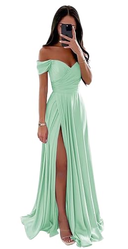 BJMAND Schulterfreies Ballkleid für Damen, Satin, gerüscht, lang, formelle Abendkleider, A-Linie, Schlitz, Ballkleid (Mint, 10) von BJMAND